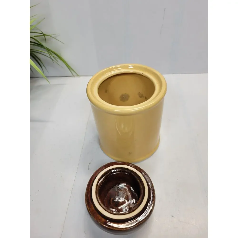Vintage Asake Tea Canister Stoneware Brown Yellow 1970s Retro Kitchen Japan